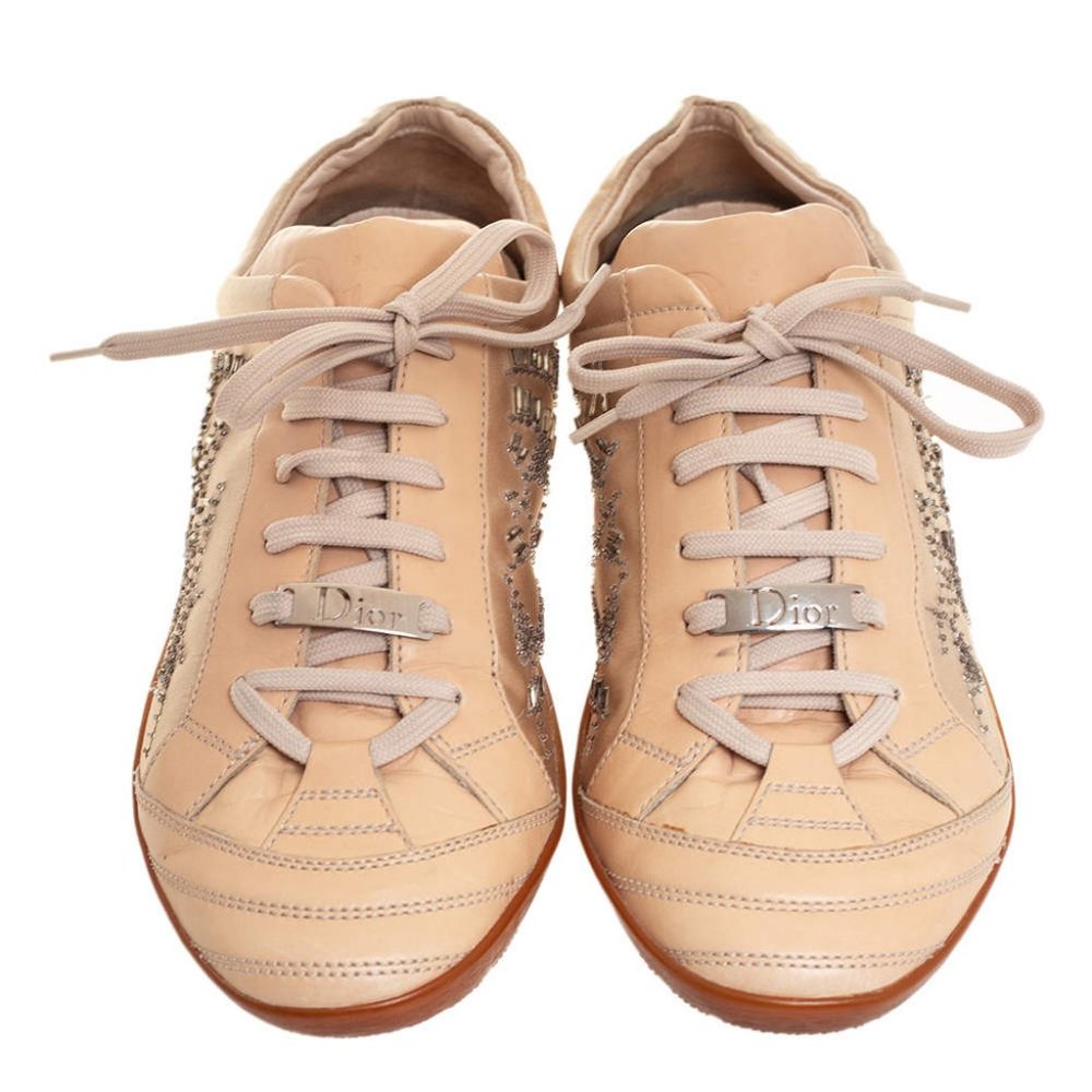 Dior Beige Leather And Satin Embellished Low Top Sneakers Size 41